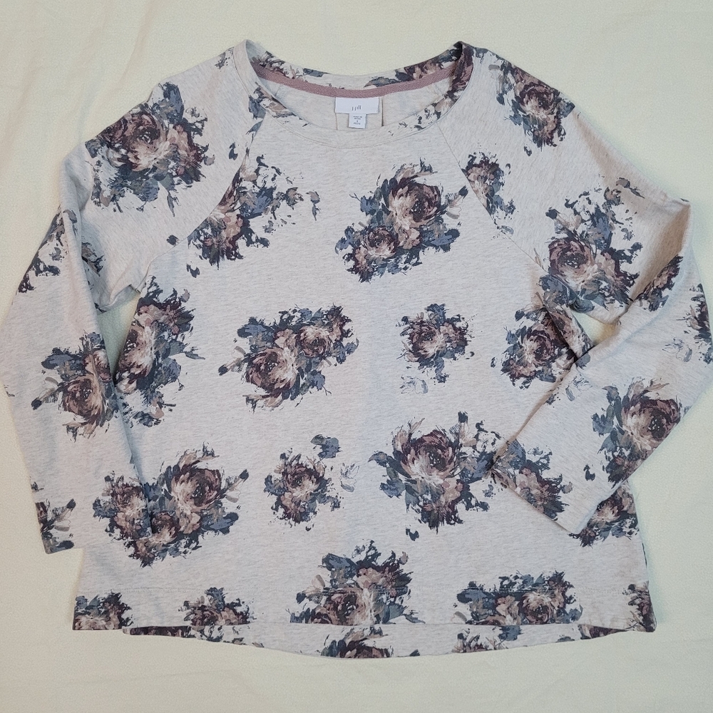 J. Jill Top Womens Small Petite Floral French Terry 100% Cotton Cottagecore